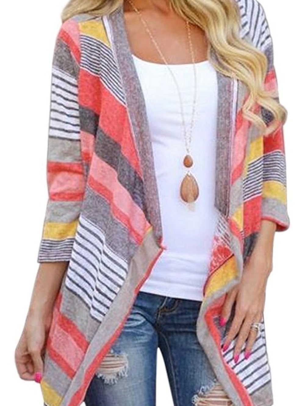 Open-Front Striped Women's Cardigan Sweater - Coral, Gray & Yellow